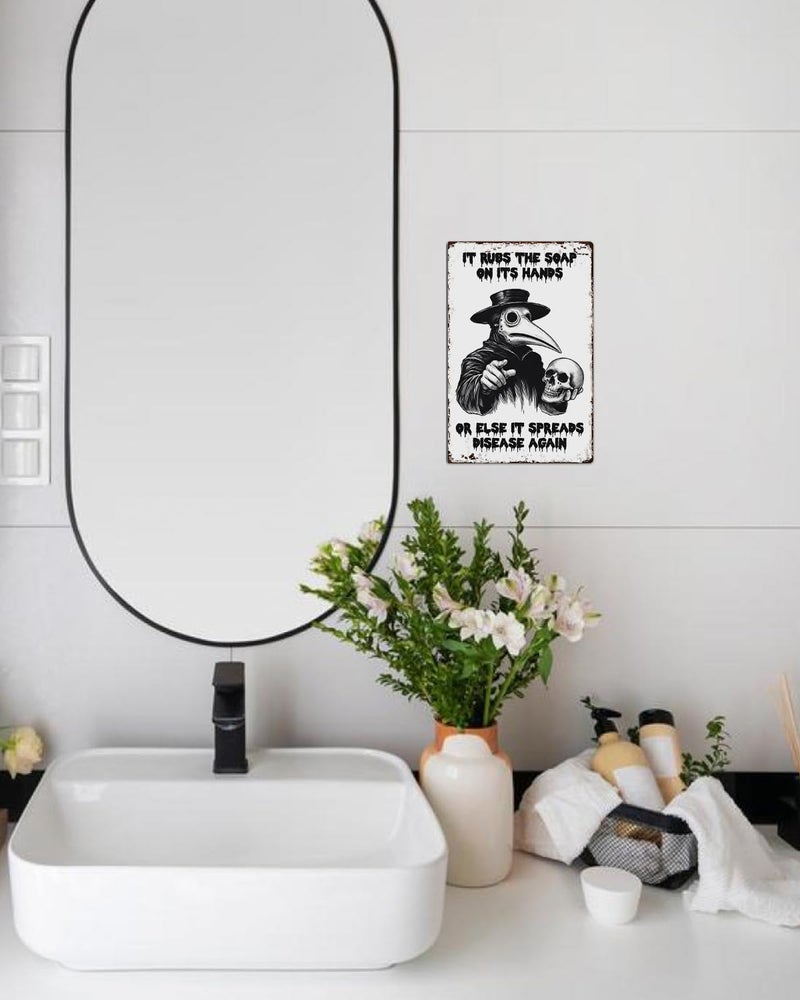 ALKB Plague Doctor Bathroom Sign 8x12” – Gothic Wall Decor – “It Rubs the Soap on Its Hands…” – Dark Humor Handwashing Reminder, Novelty Gift - Image 4